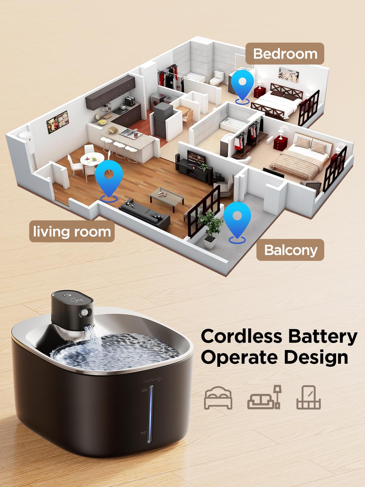 FEELNEEDY stainless-steel tray photo emphasizes hygienic drinking surface for pets.