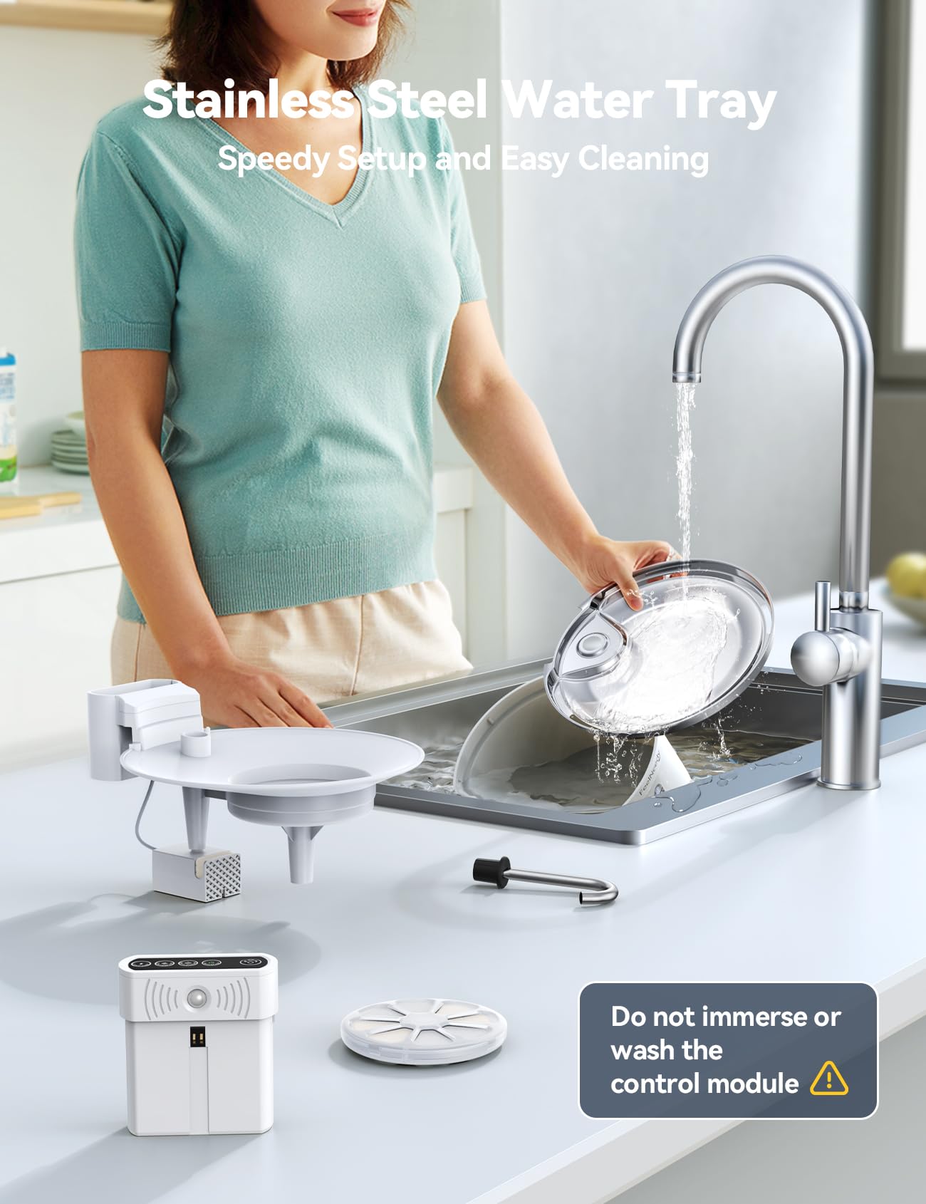 FEELNEEDY wireless fountain fits living room or kitchen for convenient pet hydration.