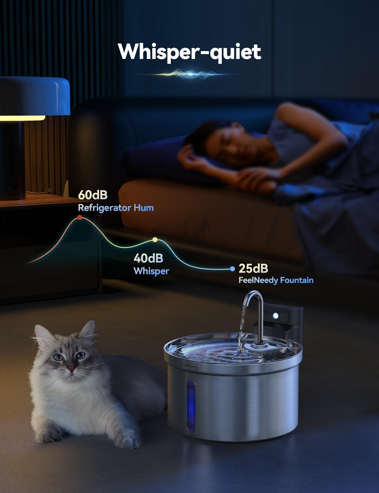 FEELNEEDY water flow showing pet drinking from faucet and fountain.