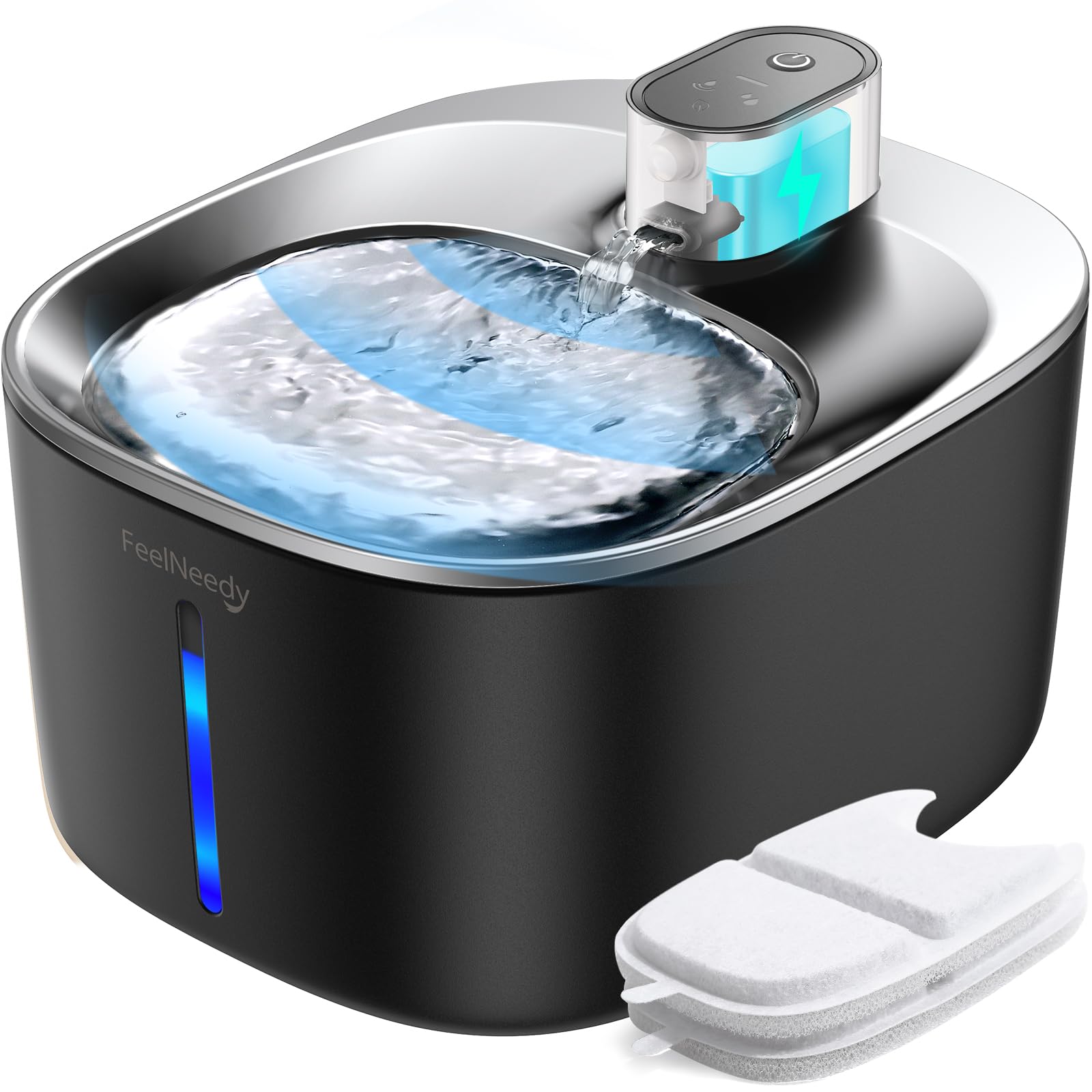 FEELNEEDY water fountain front view illustrates compact, accessible design for pets.