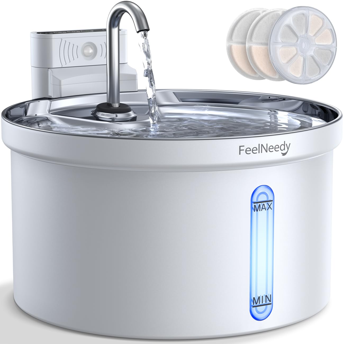 FEELNEEDY wireless cat water fountain unit enables cordless setup for flexible placement.