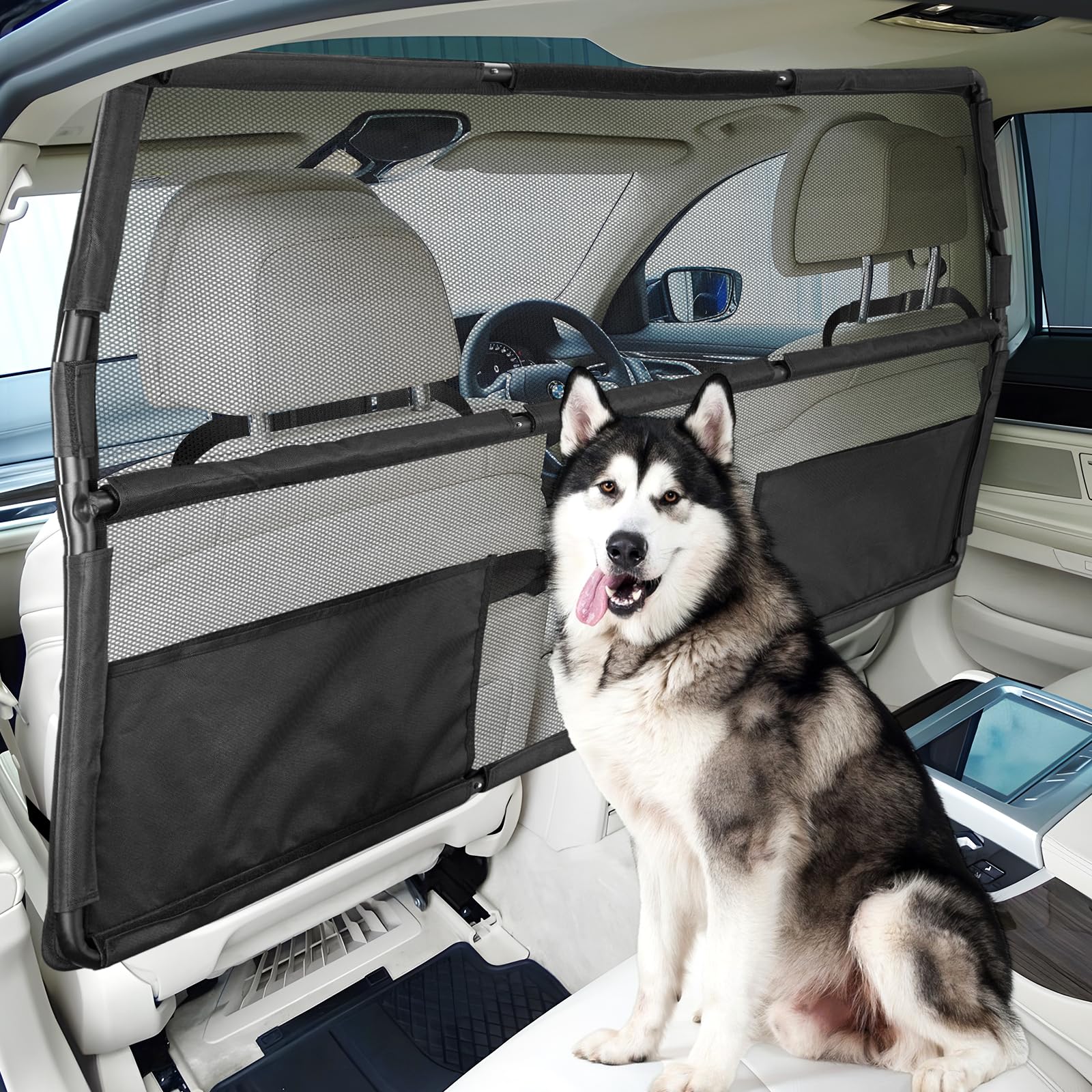 Feestars dog barrier 56-wide base top view shows full cargo-area coverage for pets.