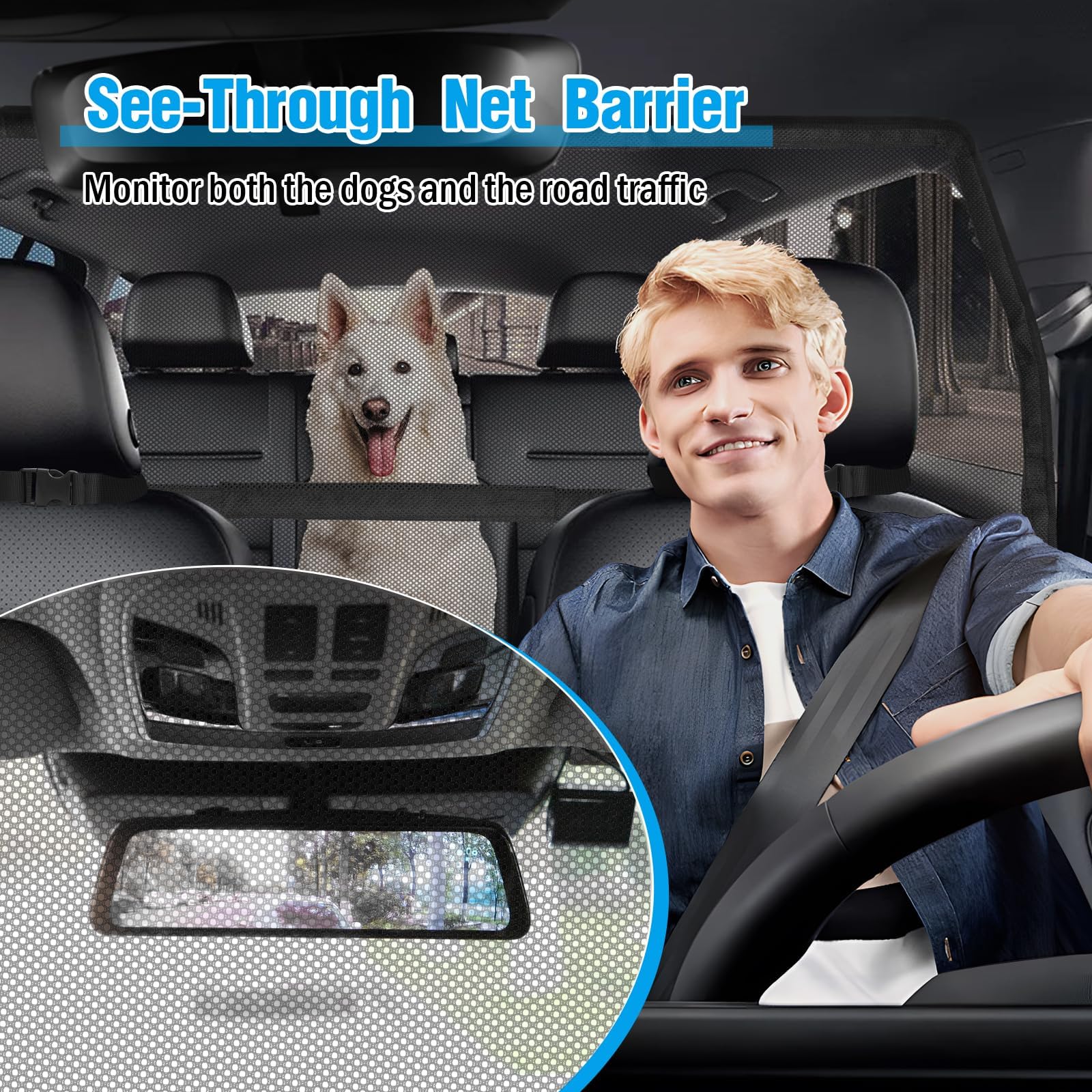 Feestars dog barrier anti-scratch mesh resists pawing and protects upholstery.