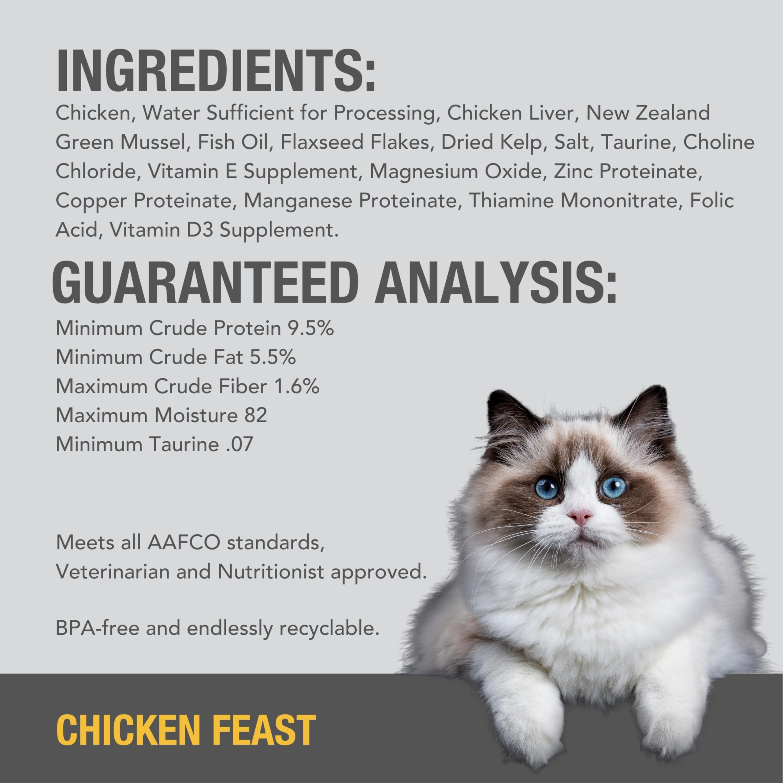 Feline Natural grain-free mealtime closeup emphasizes low-carb nutrition.