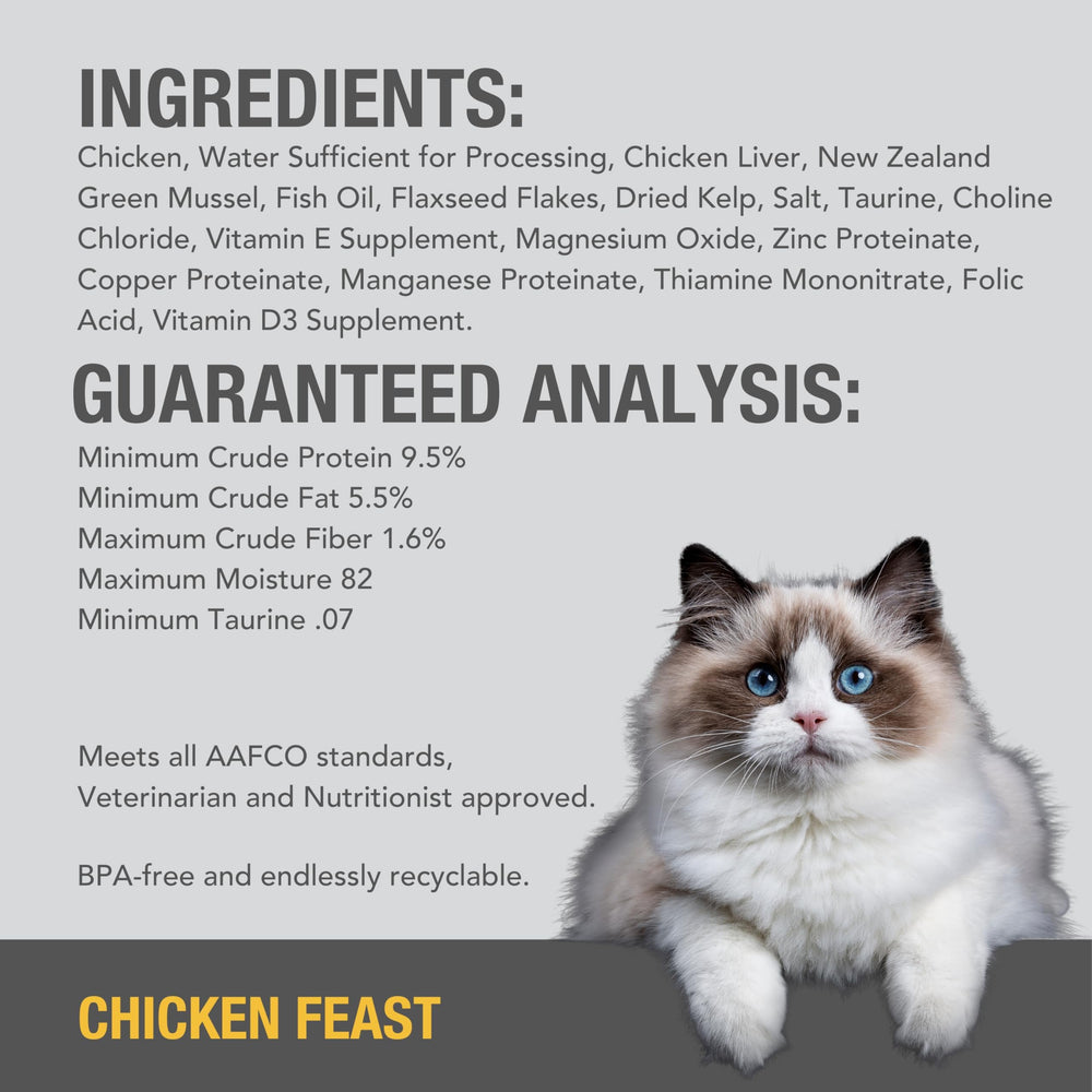 Feline Natural grain-free mealtime closeup emphasizes low-carb nutrition.