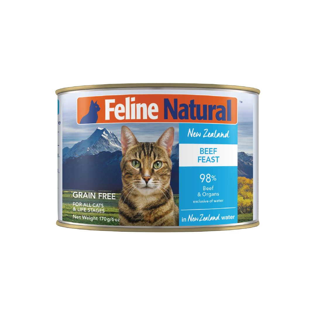 Feline Natural beef-feast canned cat food image shows high-protein, balanced meals.