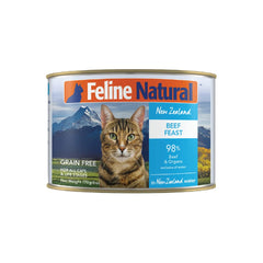 Feline Natural beef-feast canned cat food image shows high-protein, balanced meals.
