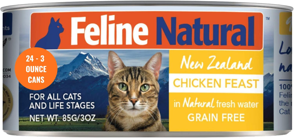 Feline Natural Chicken Feast wet food can open showing smooth pâté texture for picky eaters.