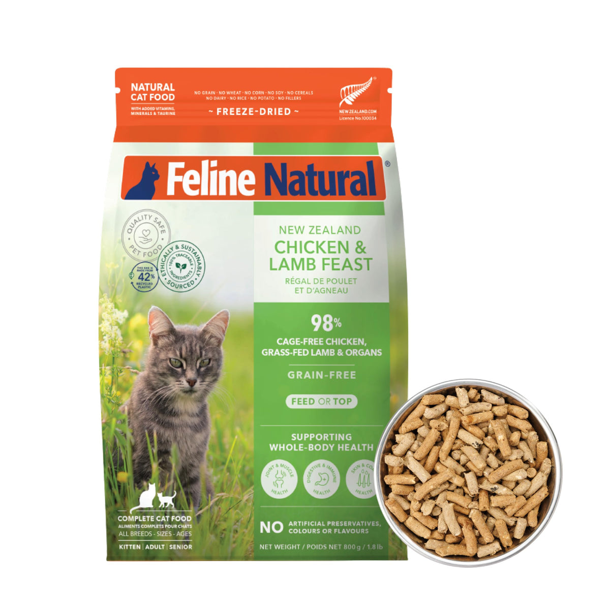 Feline Natural high-protein dry cat food bag front with transparent labeling for mindful owners.