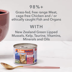 Feline Natural New Zealand wet cat food ingredients image highlights grain-free real meat.