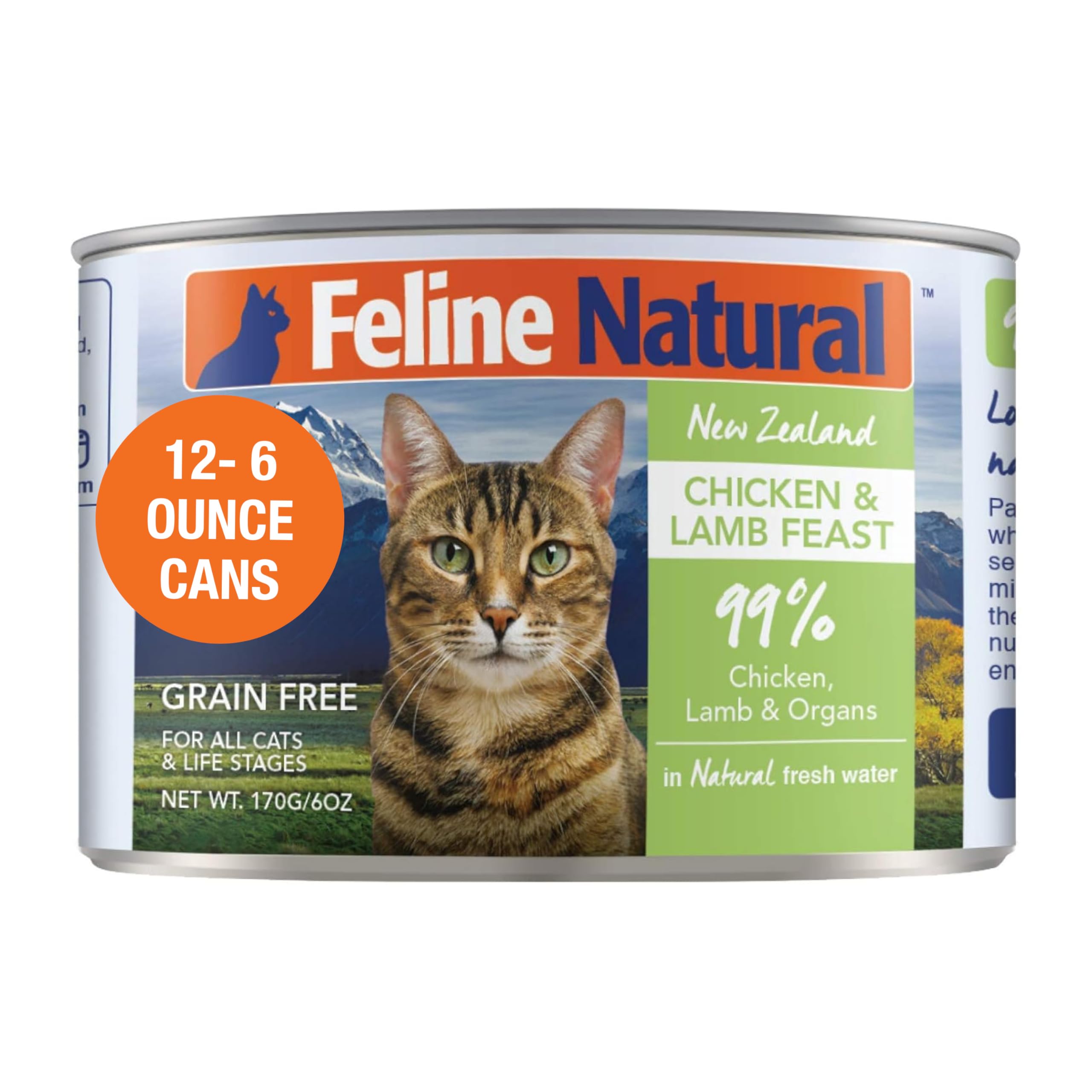Feline Natural New Zealand wet catfood open can – chicken and lamb feast, appealing meal texture.