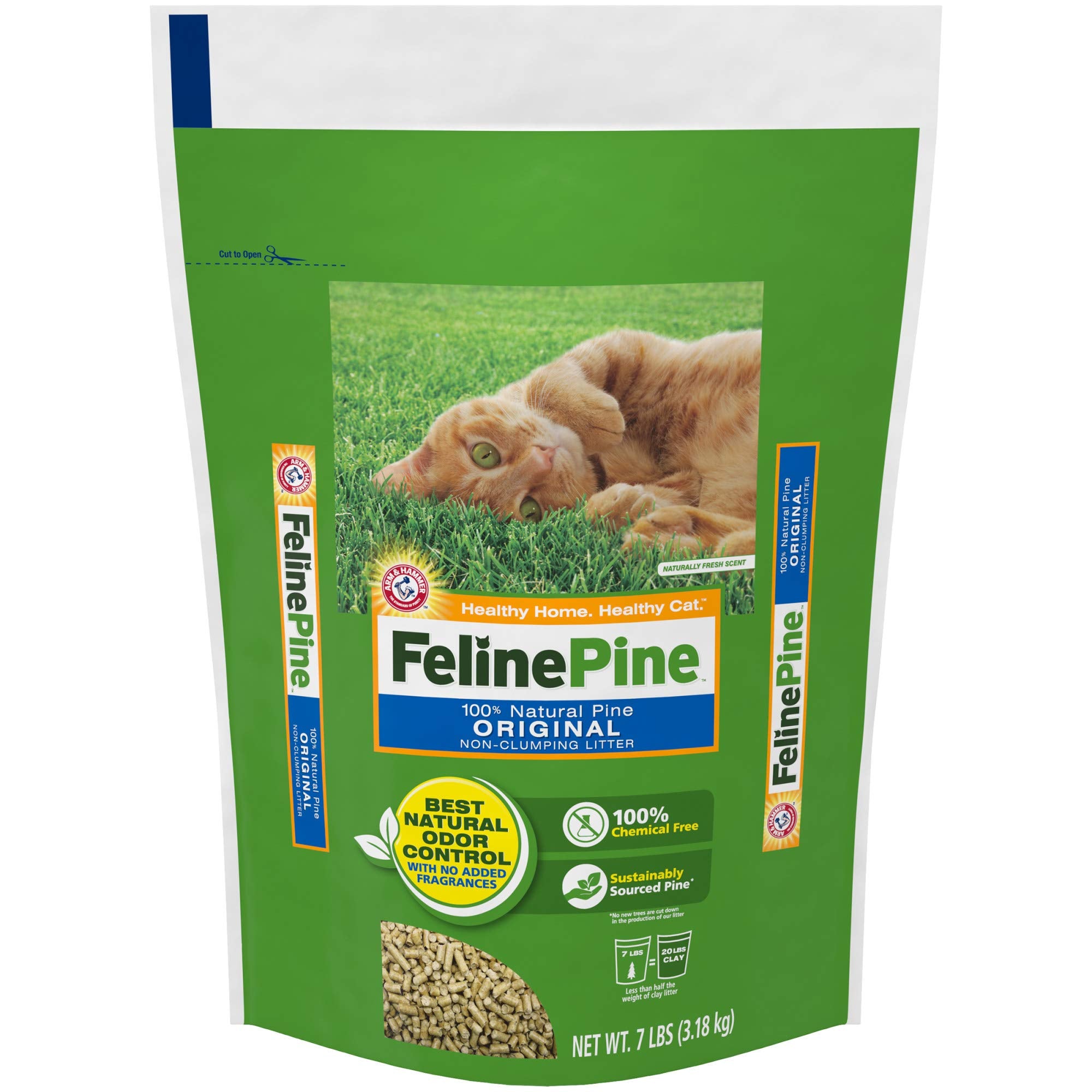 Feline Pine Original bag front shows lightweight, natural odor control