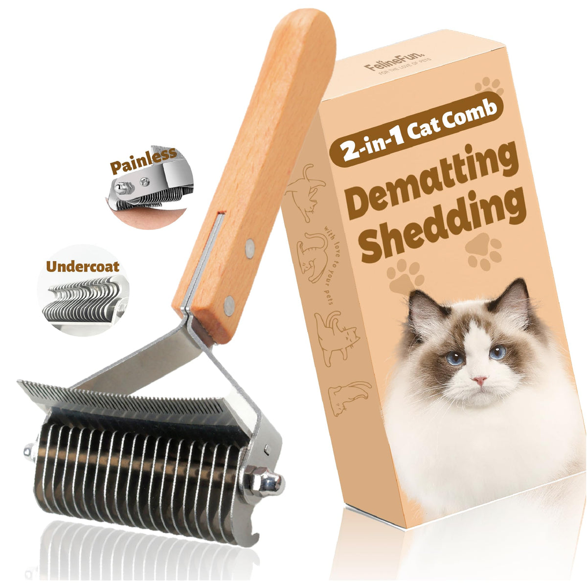 FelineFun Cat Brush dematting side safely tackles mats for a quicker grooming session.