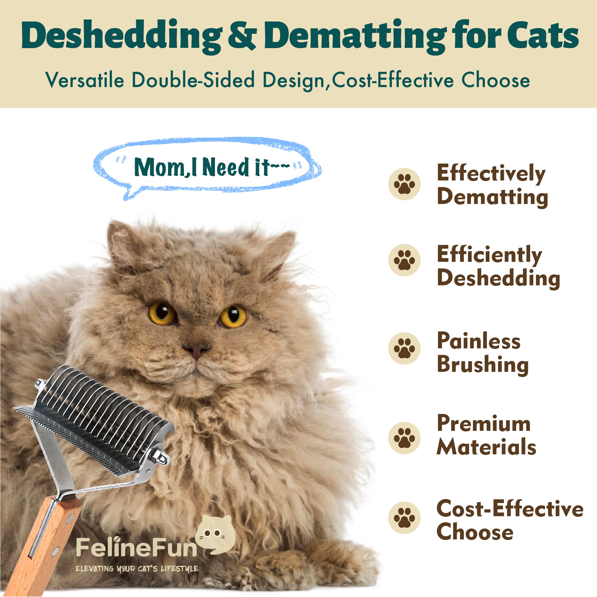 FelineFun Cat Brush deshedding side vividly detangles and reduces loose fur.