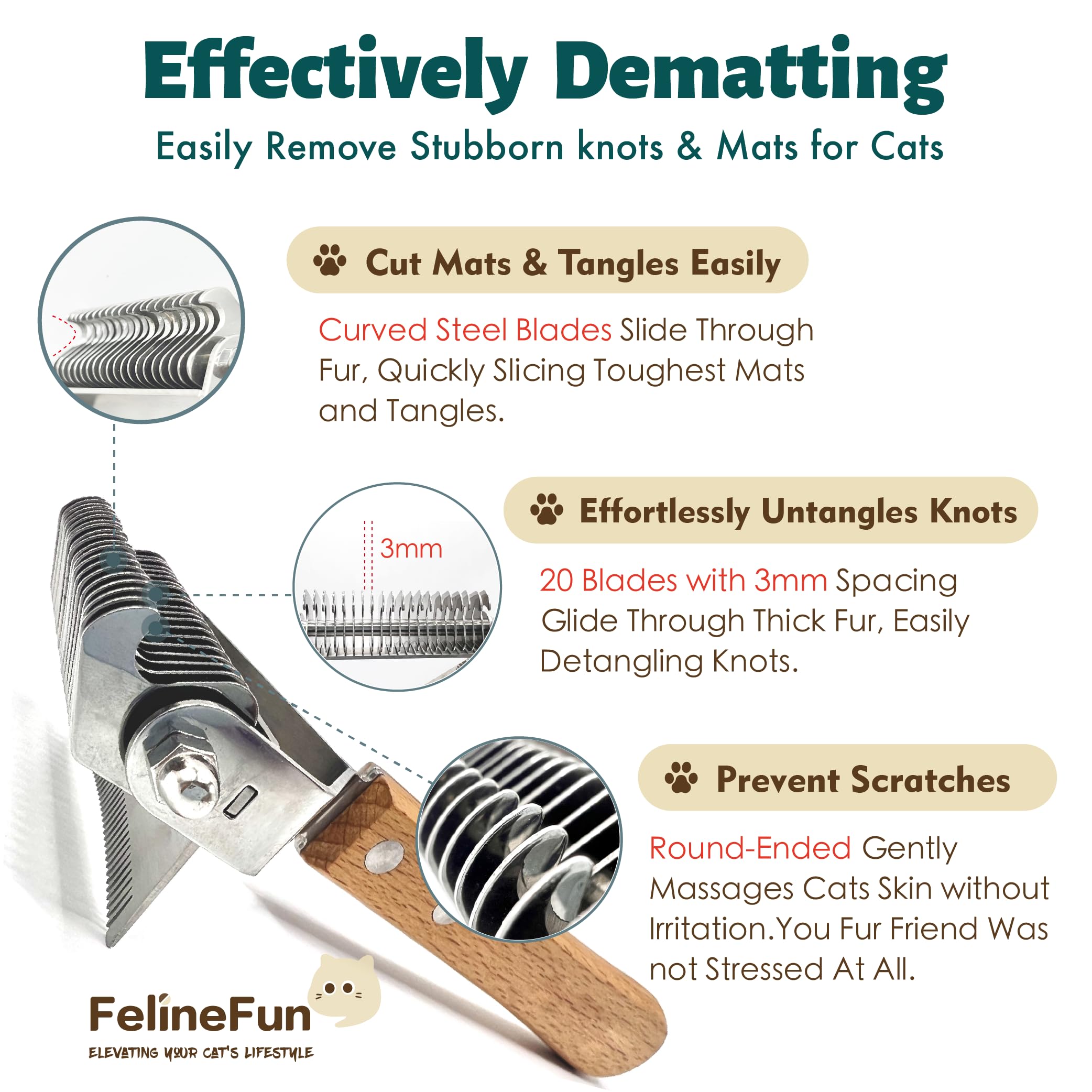 FelineFun Cat Brush rounded-end teeth protect skin during grooming.