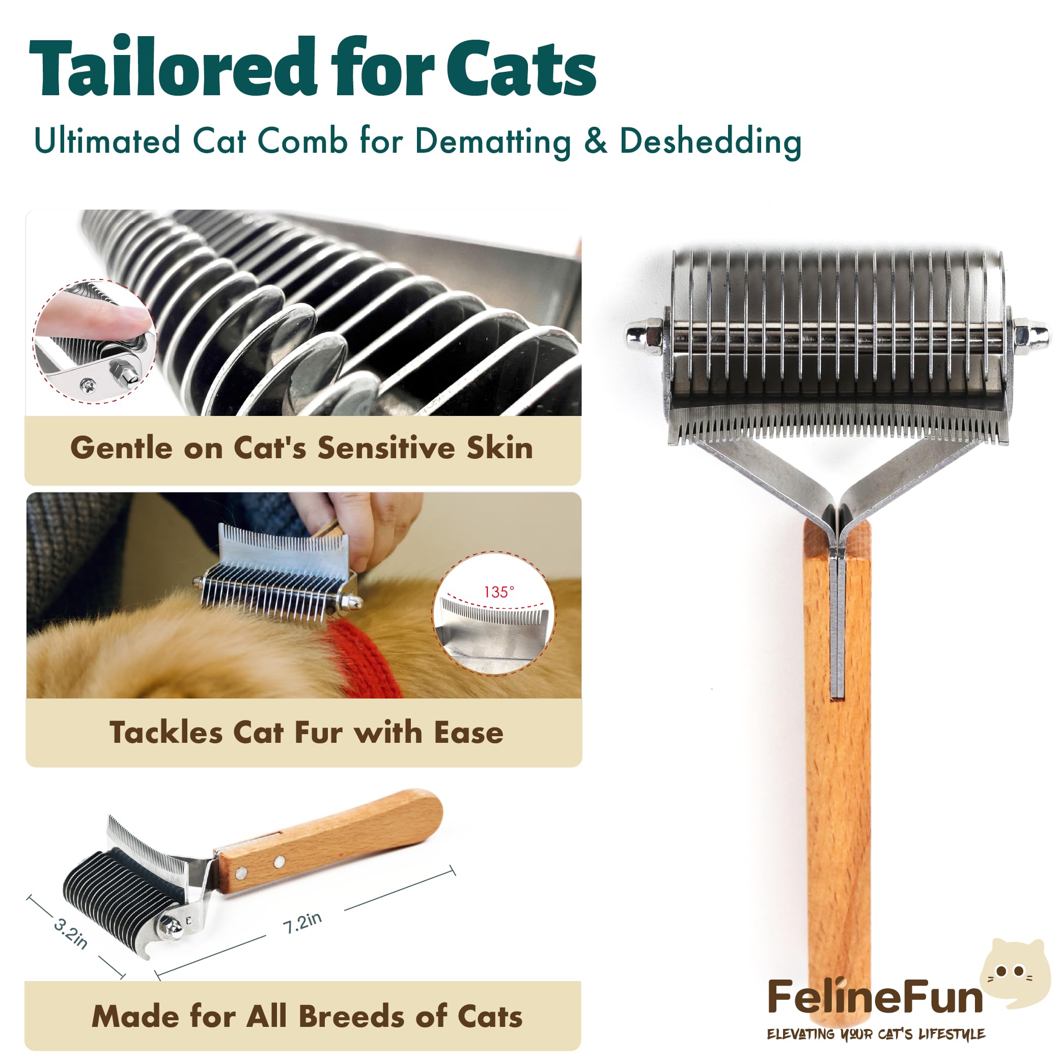 FelineFun Cat Brush stainless steel blades cut through mats without pulling hair.