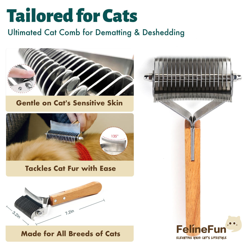 FelineFun Cat Brush stainless steel blades cut through mats without pulling hair.