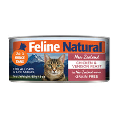 Feline Natural New Zealand chicken-venison feast can, high-protein meal option.