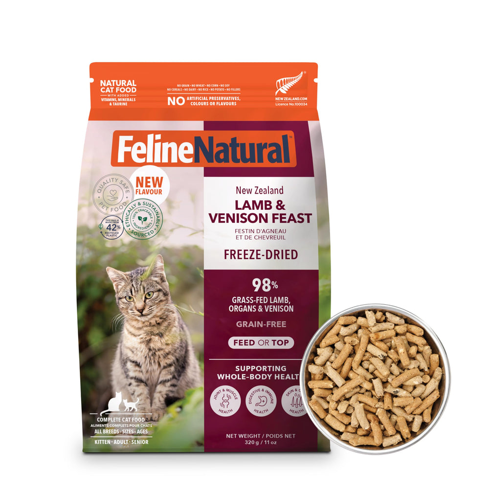Feline Natural New Zealand Lamb-Venison packshot showing protein-rich, grain-free cat food