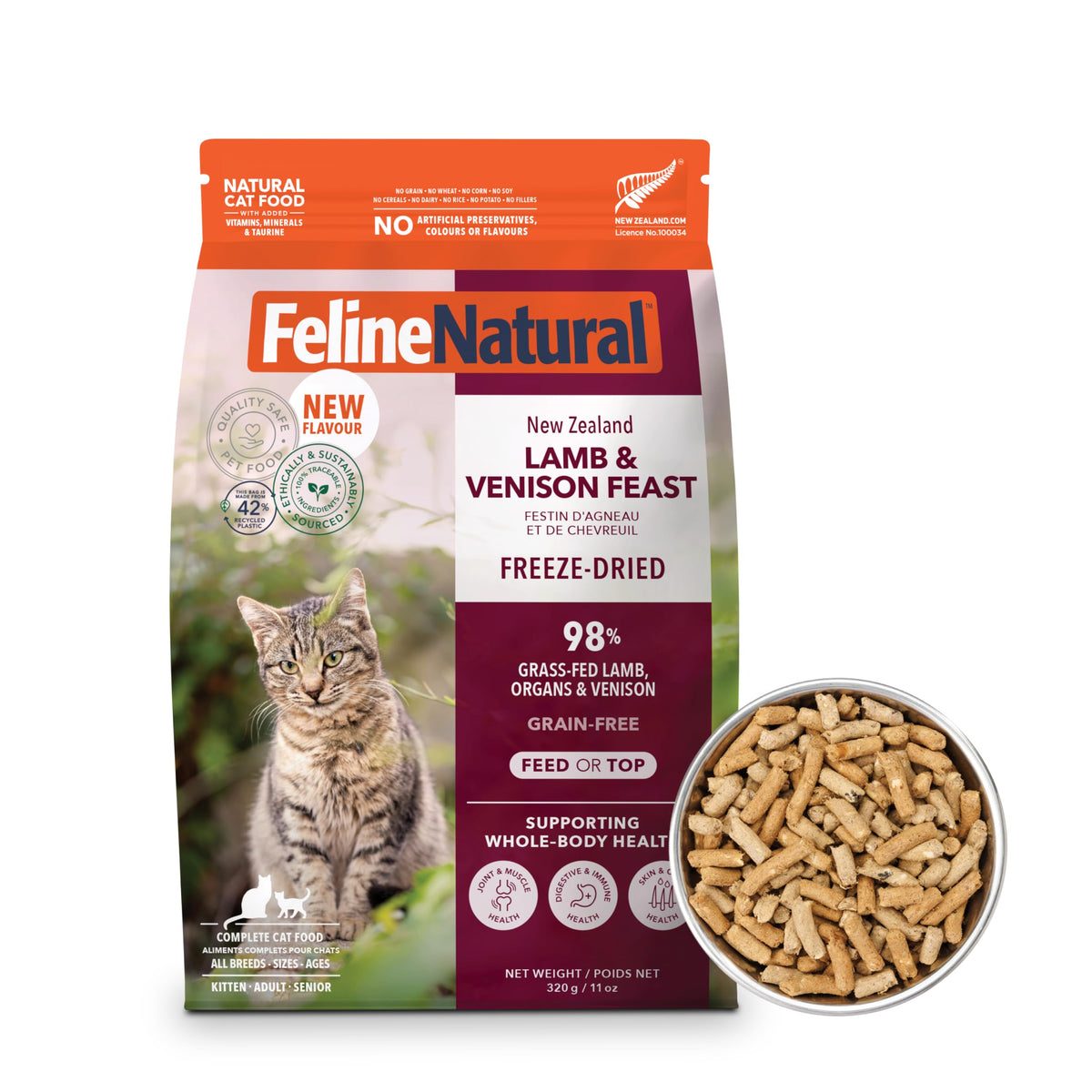 Feline Natural New Zealand Lamb-Venison packshot showing protein-rich, grain-free cat food