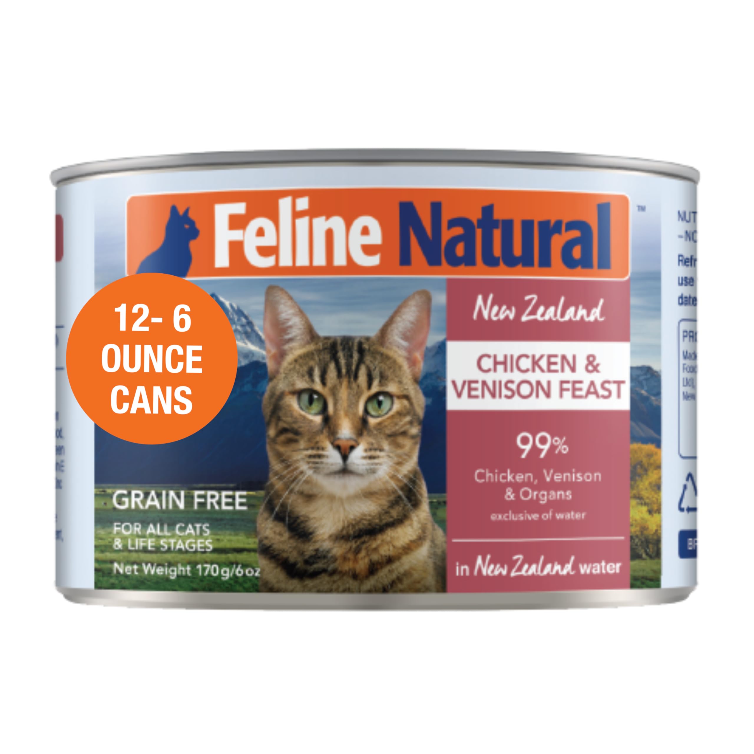 Feline Natural New Zealand wet food can closeup shows rich meat content for lean energy