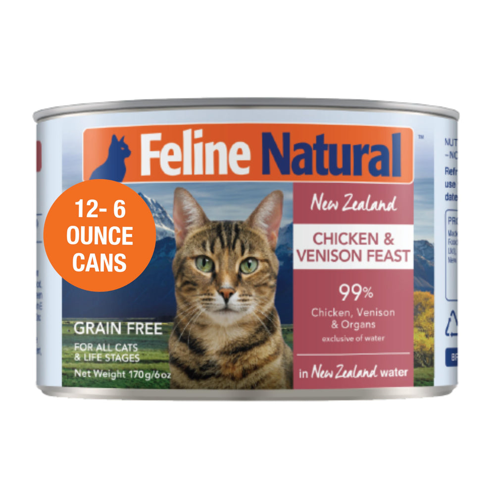 Feline Natural New Zealand wet food can closeup shows rich meat content for lean energy