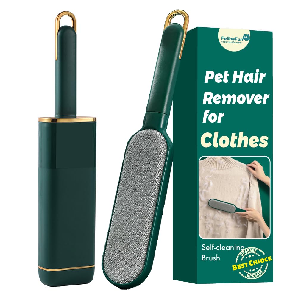 FelineFun pet hair remover for clothes brush demonstrates gentle fabric cleaning with fur removal