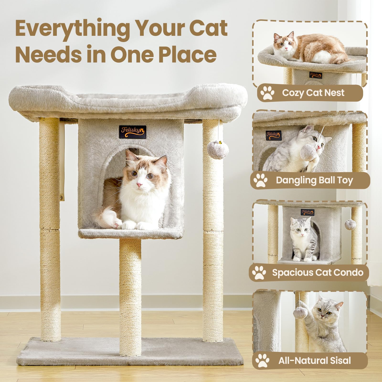 Feliskyn cat tree 28-inch height provides a commanding view and vertical play for energetic cats.