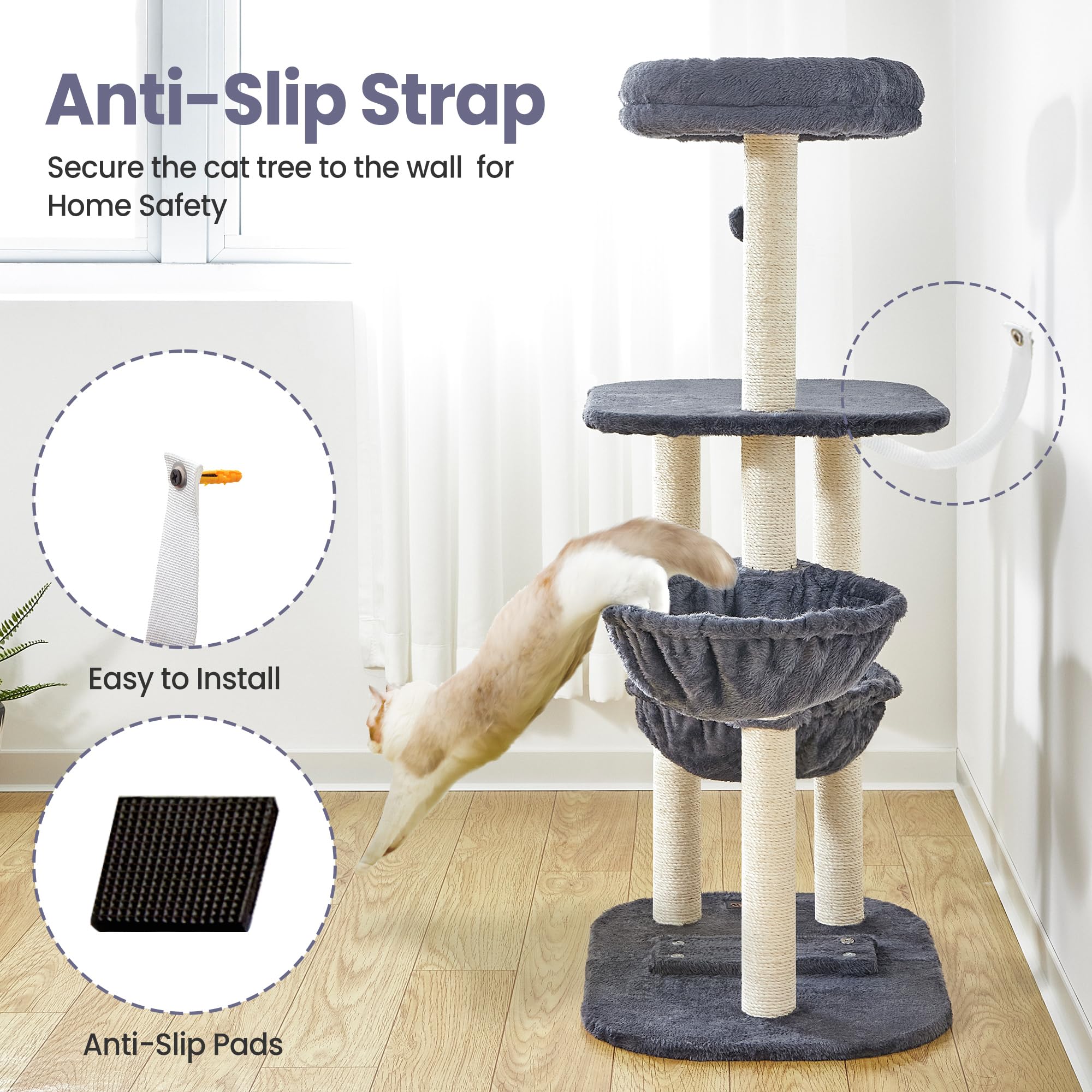 Feliskyn cat tree gray-beige surface fits modern homes.