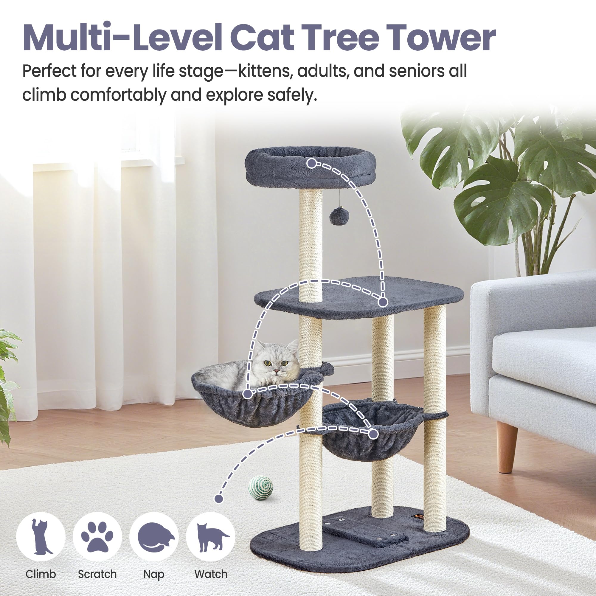 Feliskyn cat tree hammock perch nap area offers cozy resting.