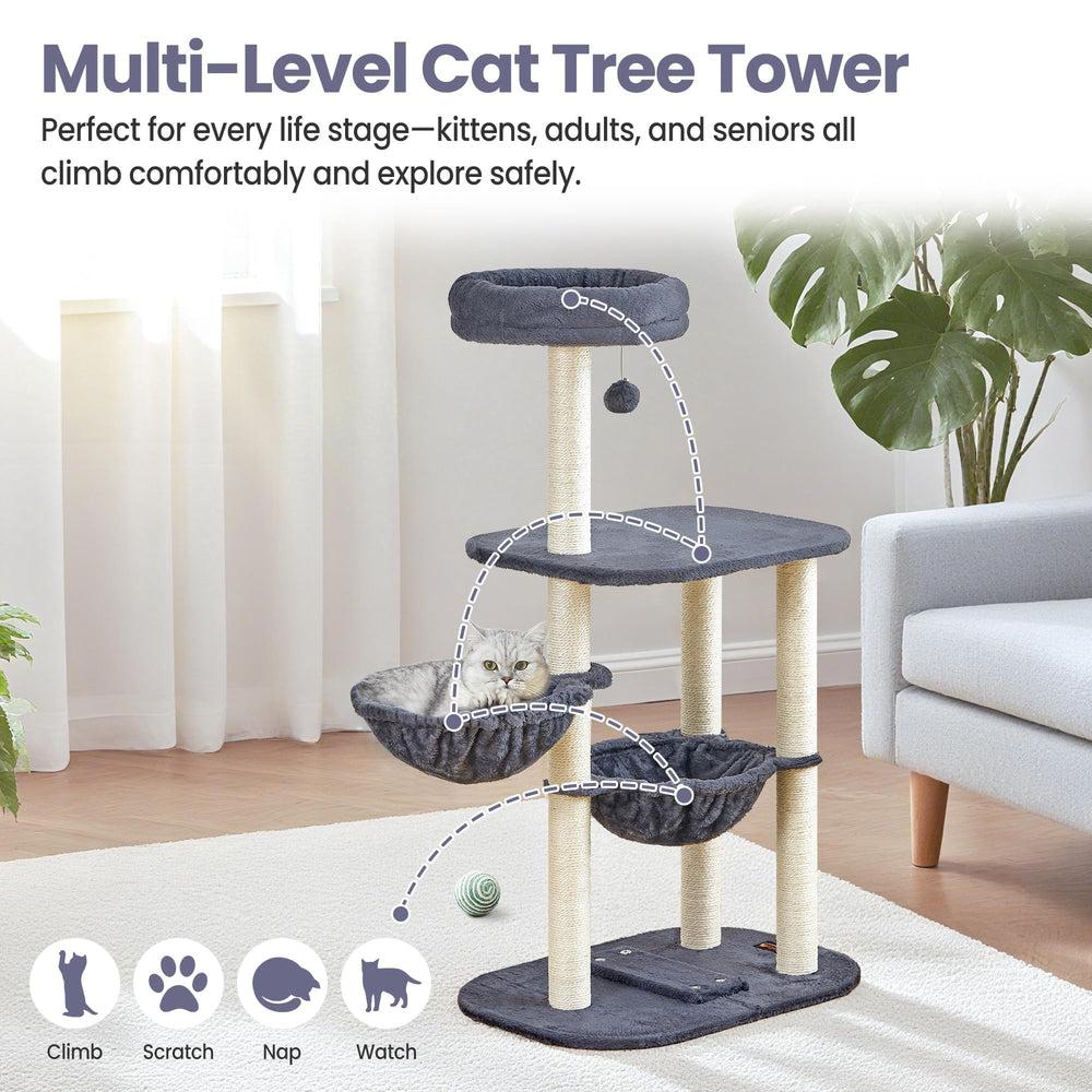 Feliskyn cat tree hammock perch nap area offers cozy resting.
