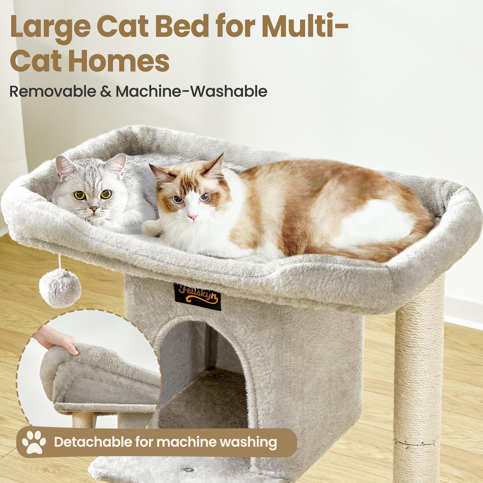 Feliskyn cat tree perch bed plush top offers a cozy nap spot with secure raised edges.
