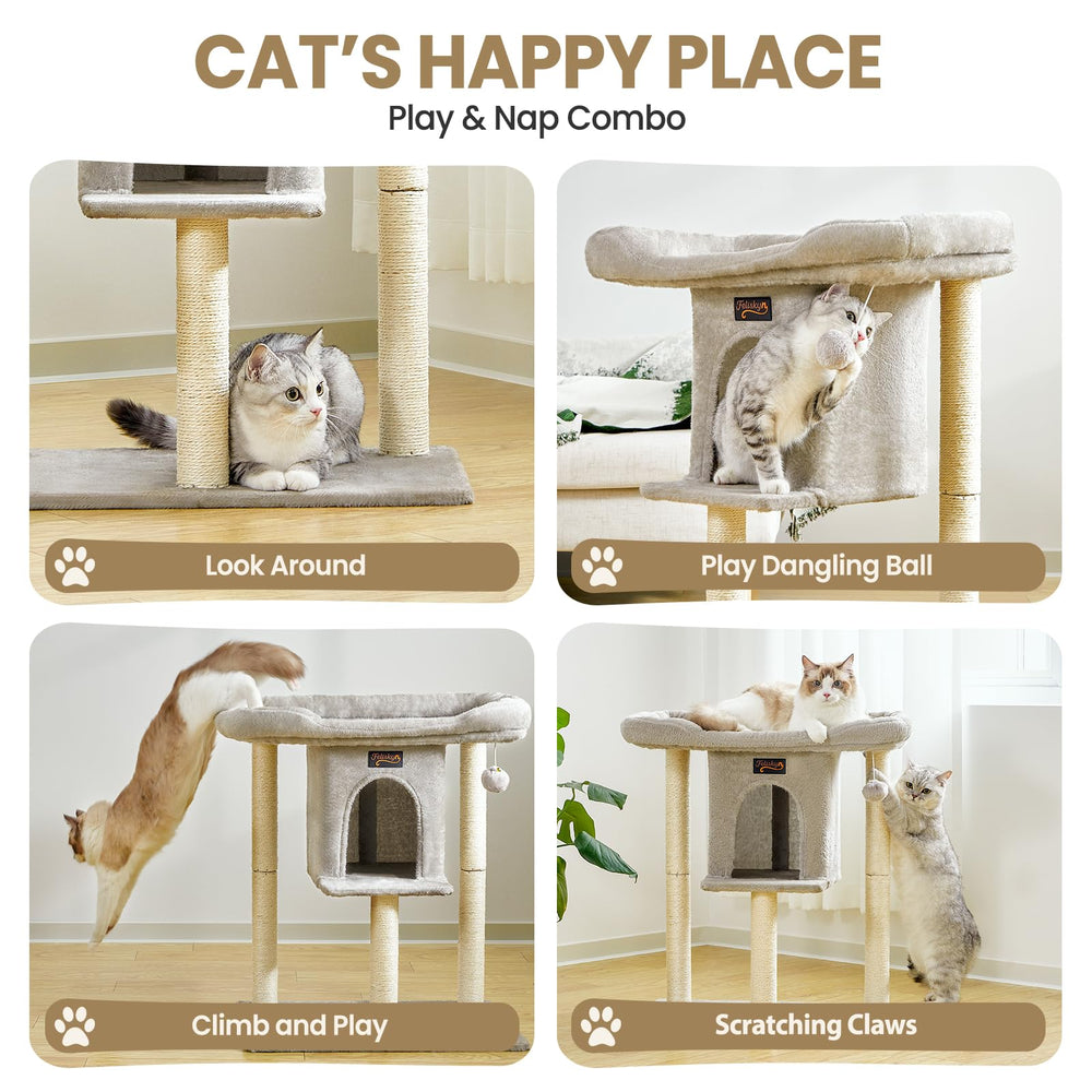 Feliskyn cat tree sisal posts wrapped in natural rope promote healthy scratching behaviors.