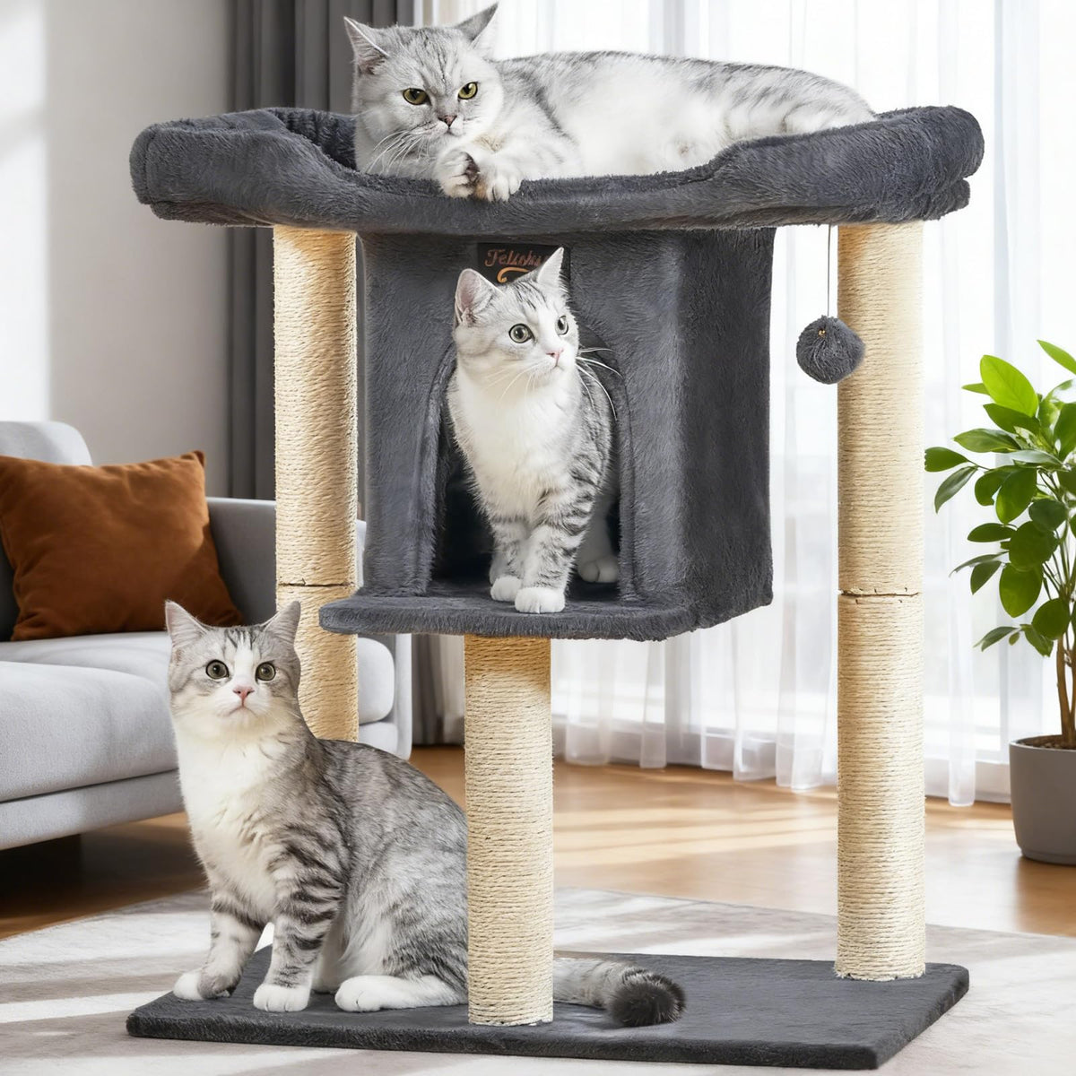 Feliskyn cat tree tower 28in large-cat with plush perch bed for lounging and observation