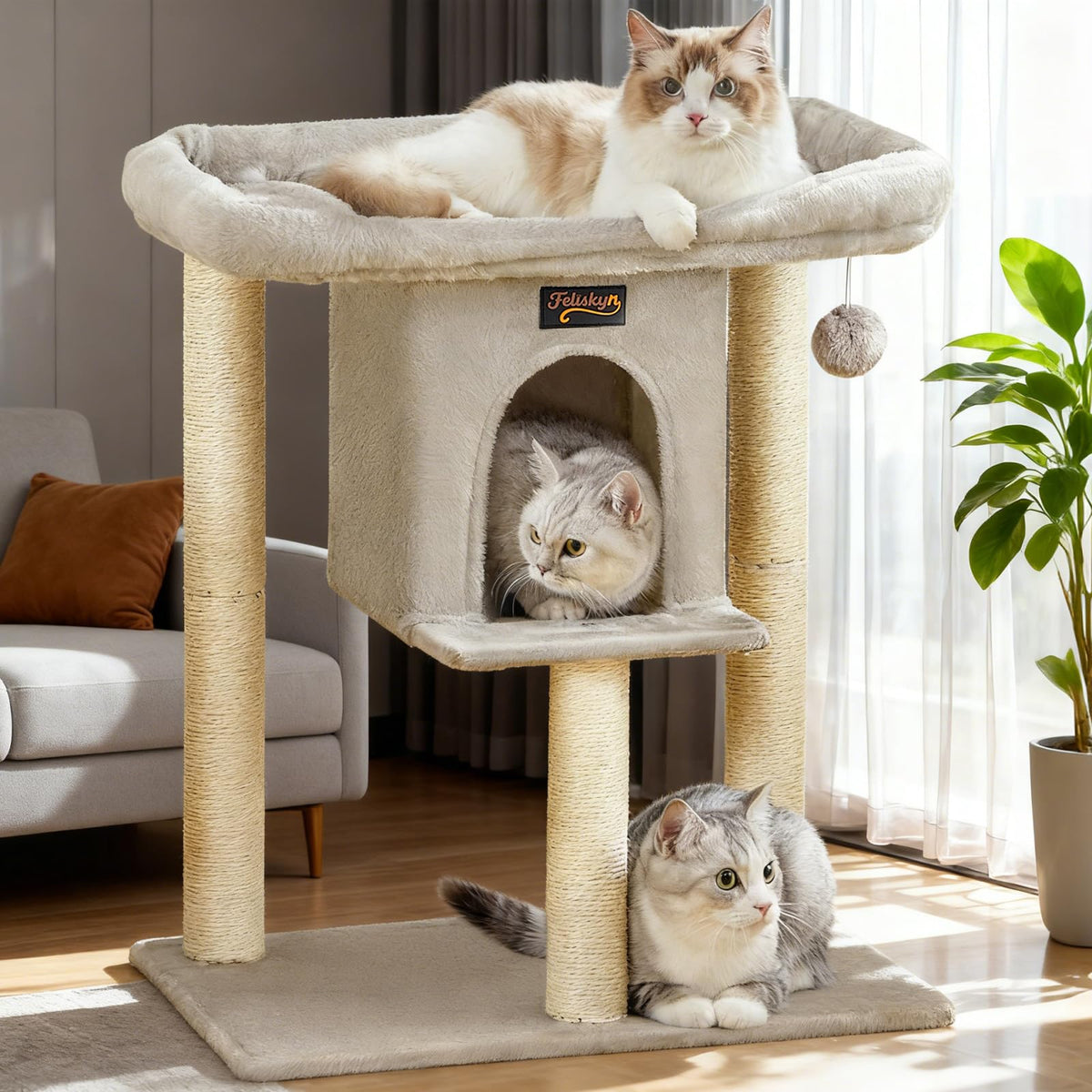 Feliskyn cat tree tower for indoor large cats provides a sturdy play space for climbing and scratching.