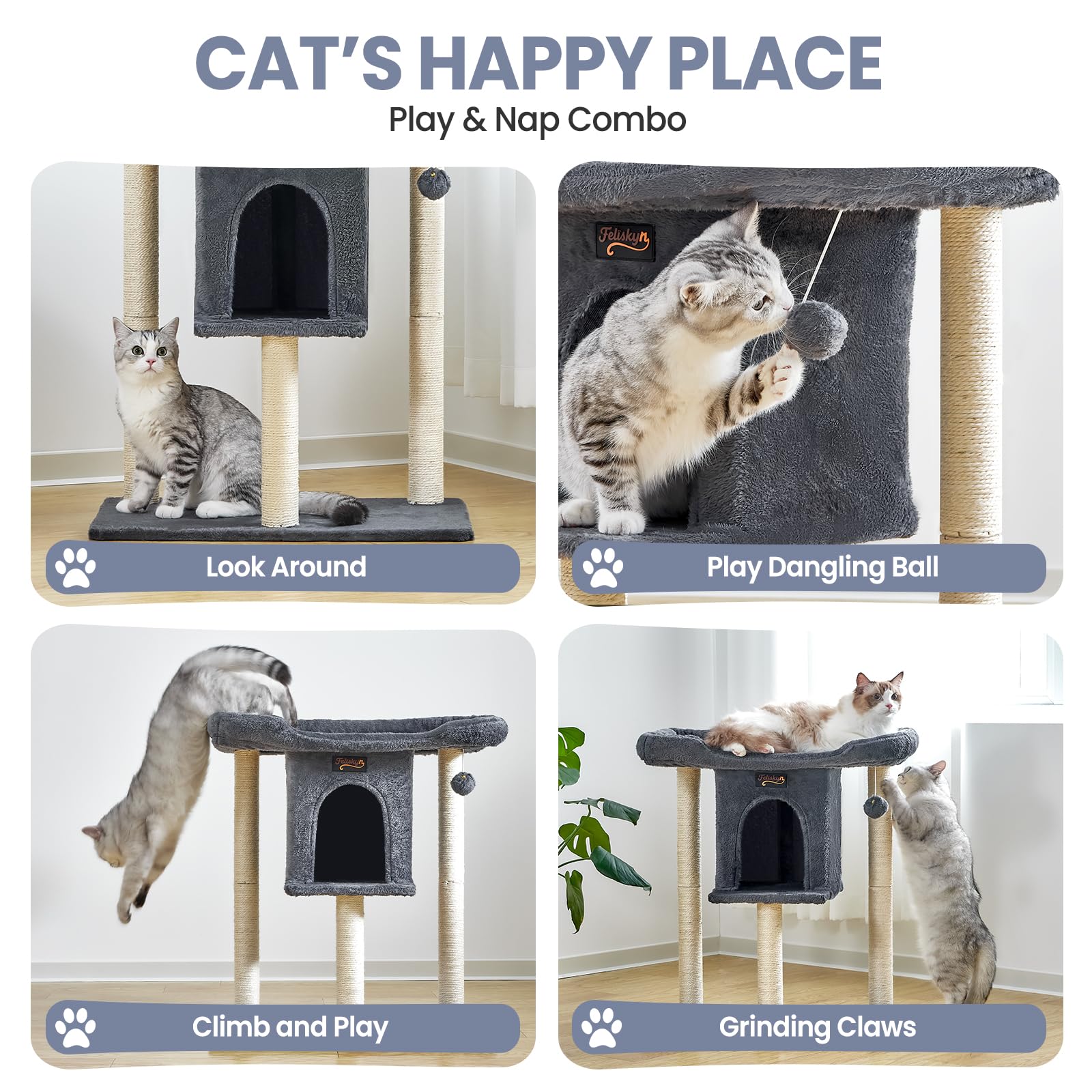 Feliskyn cat tree tower plush top platform ideal for nap time and watching