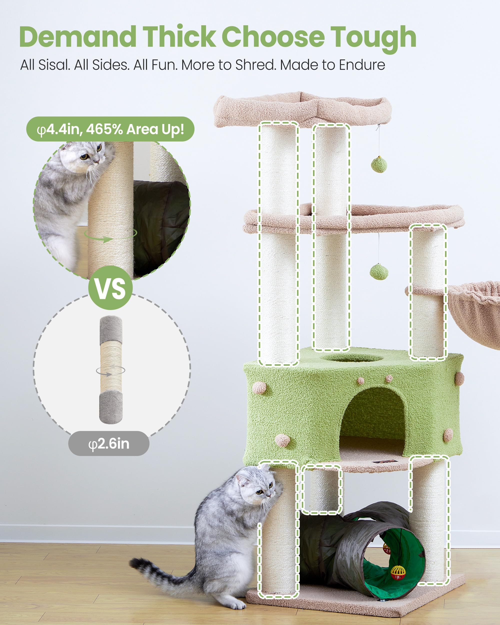 Feliskyn Cat Tree Tower triple-entry tunnel base invites exploration and playful crawling