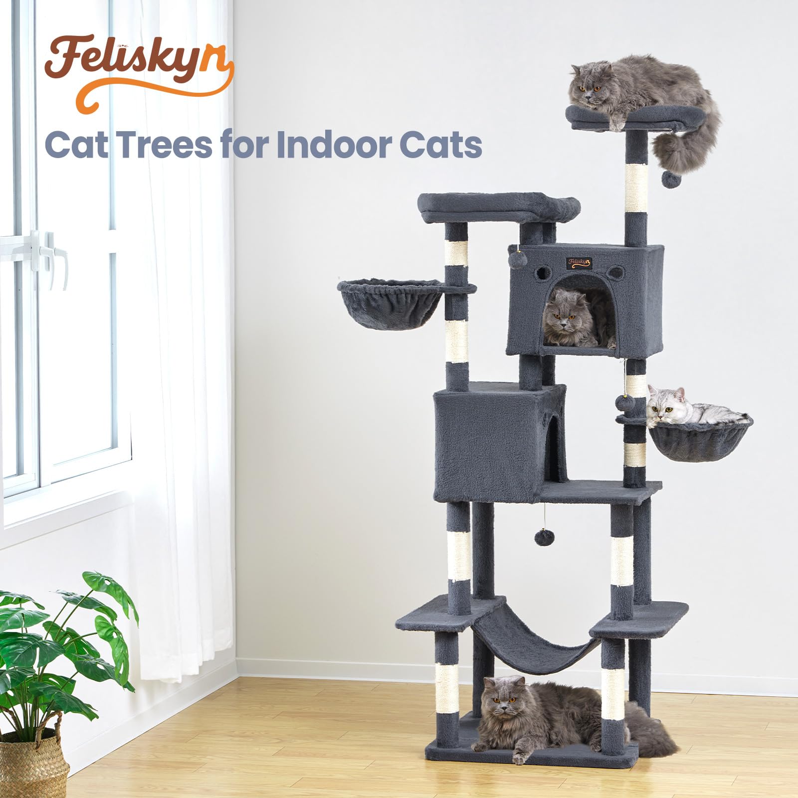 Feliskyn cat tree anti-tip base ensures secure, stable play for active big cats.