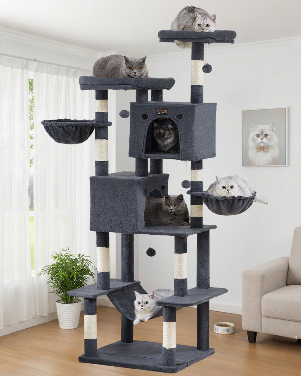 Feliskyn easy-cleaning cat tree allows quick upkeep with vacuum or roller.