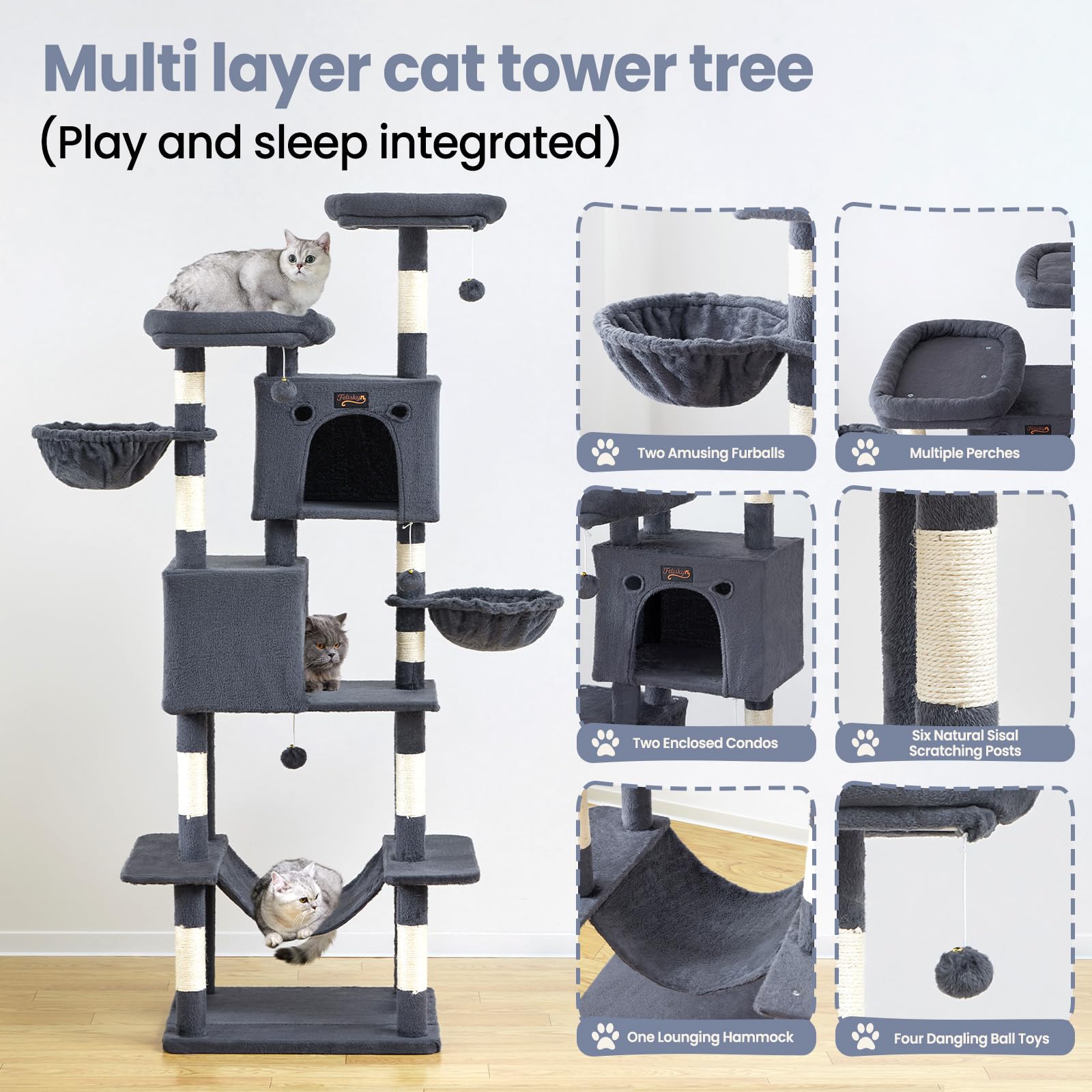 Feliskyn cat tree natural sisal posts help maintain claws with durable scratching surfaces.