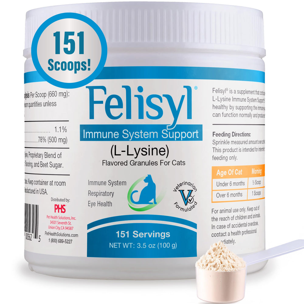 Pet Health Solutions Felisyl L-Lysine granules packaging supports immune health.