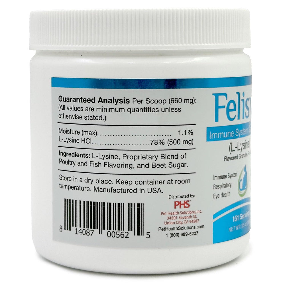 Cats enjoying salmon-flavored Felisyl Lysine granules over food.