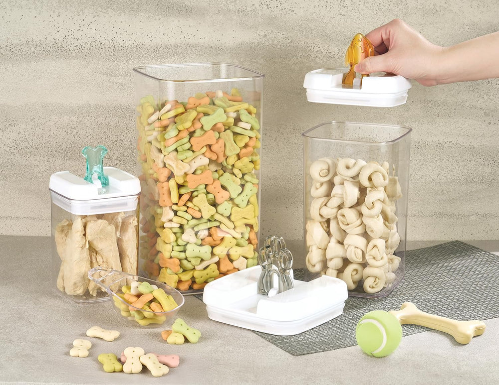 Felli Flip Tite containers stacked neatly keep kibble organized in the pantry.