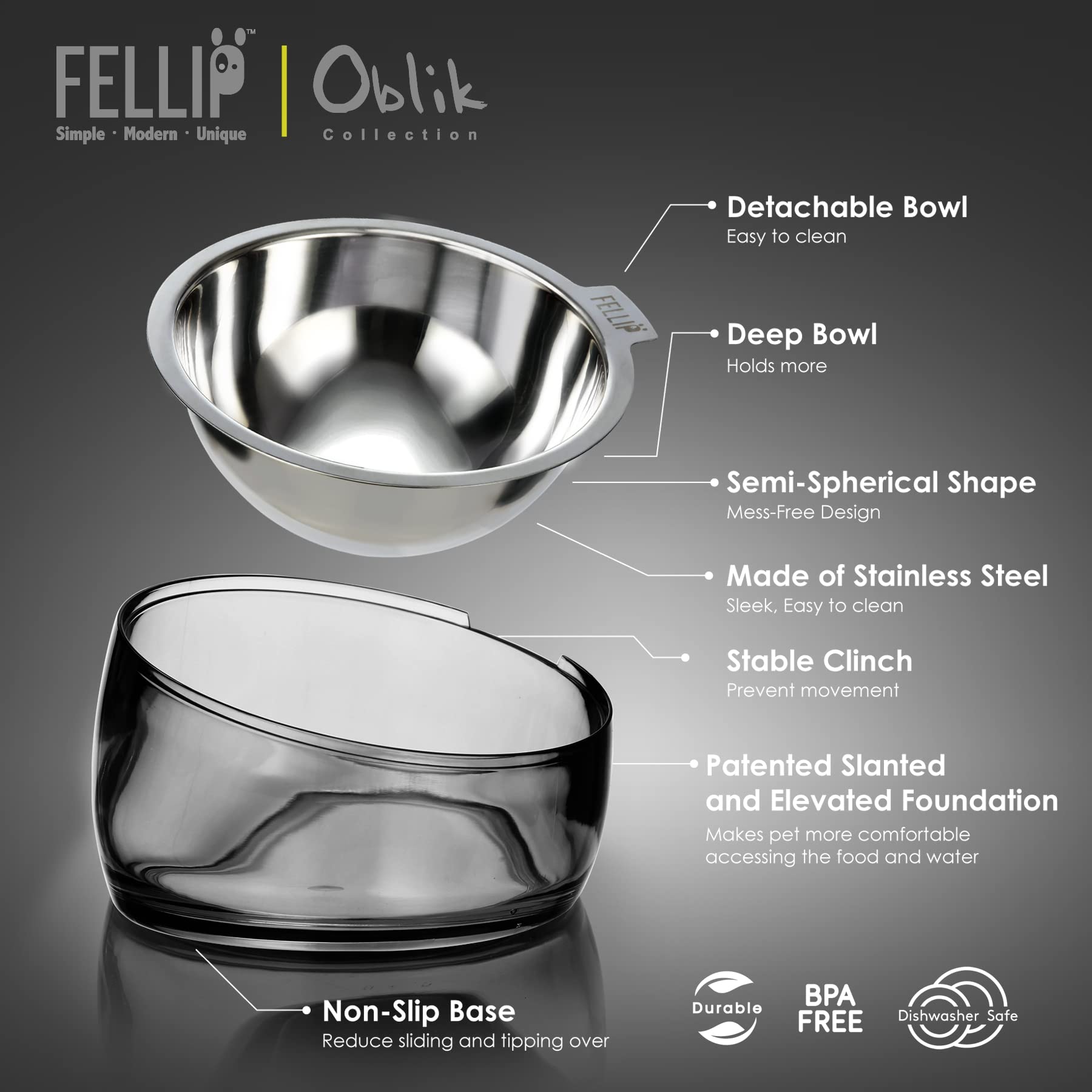 Felli Oblik easy-clean removable dish for quick maintenance