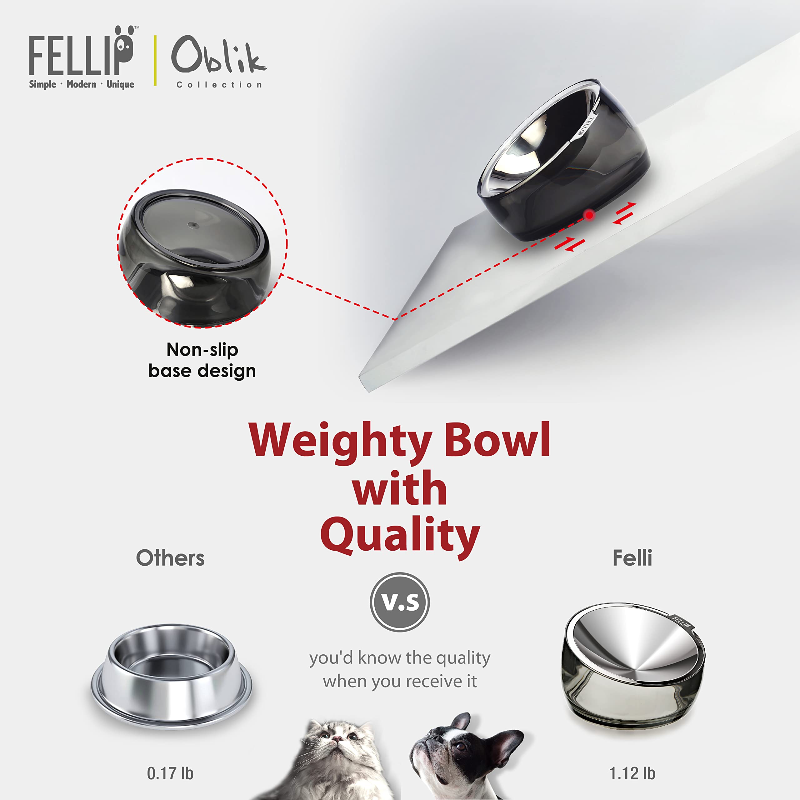 Felli Oblik non-slip weighted base prevents sliding and tipping.