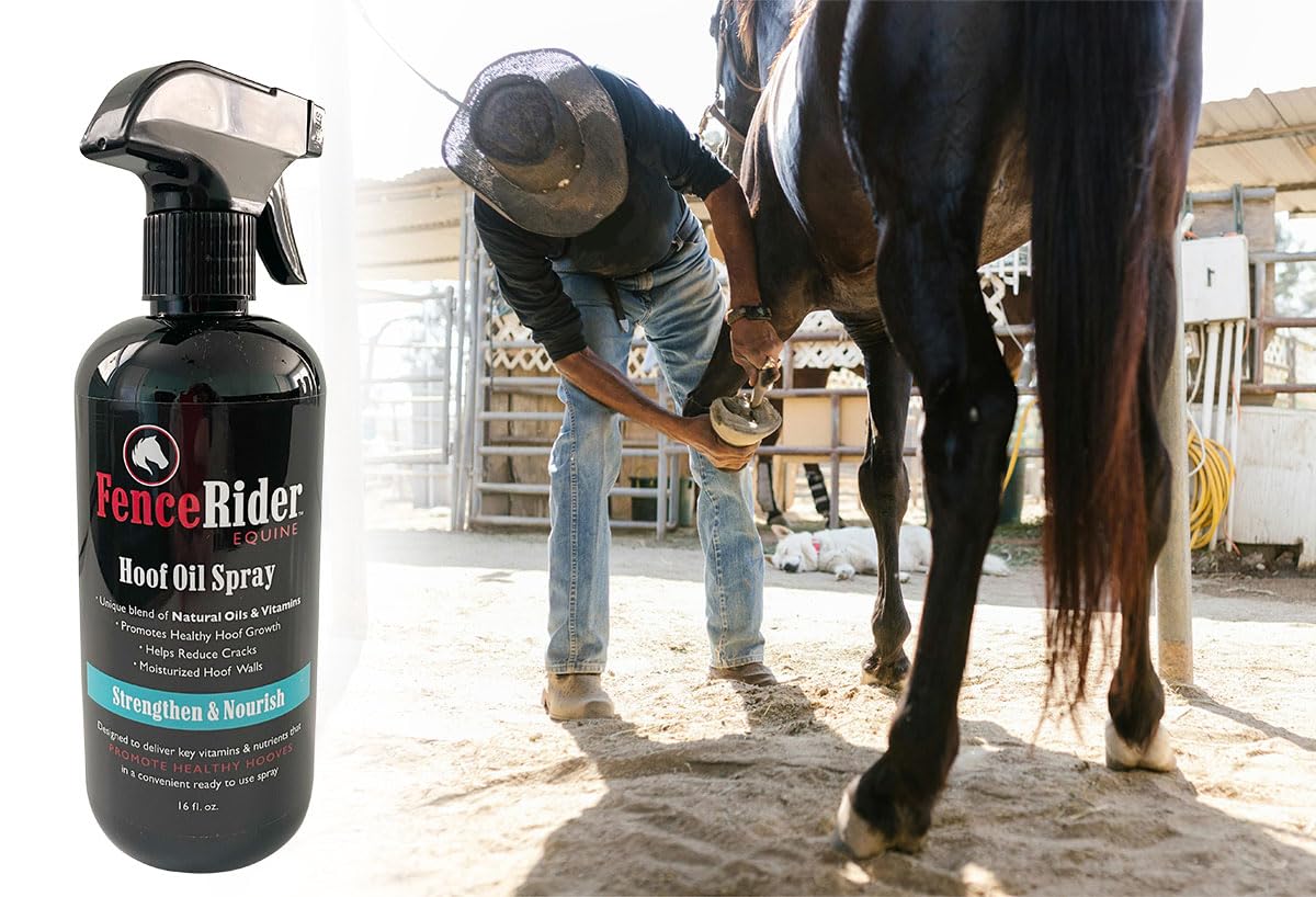 FenceRiderEquine Hoof Oil Spray 16oz bottle emphasizes long-lasting hydration.