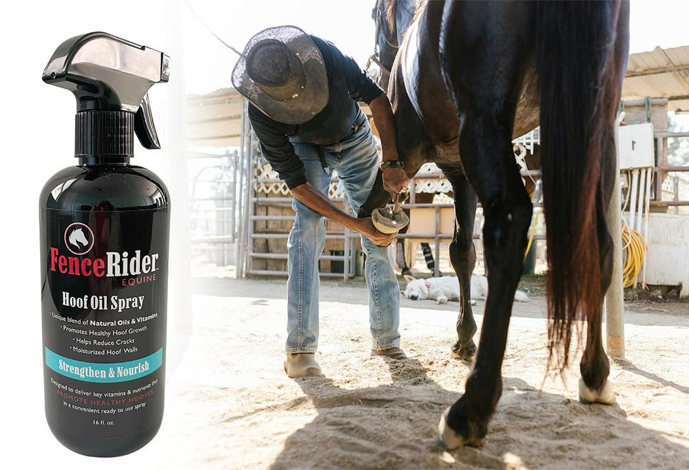 FenceRiderEquine Hoof Oil Spray 16oz bottle emphasizes long-lasting hydration.