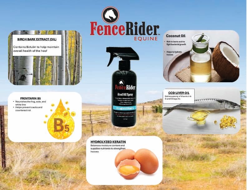FenceRiderEquine Hoof Oil Spray ingredients graphic shows hydrolyzed keratin and nutrients.