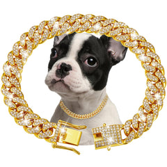 fengco gold diamond Cuban link dog collar closeup highlights sparkling zirconia crystals for upscale pet style
