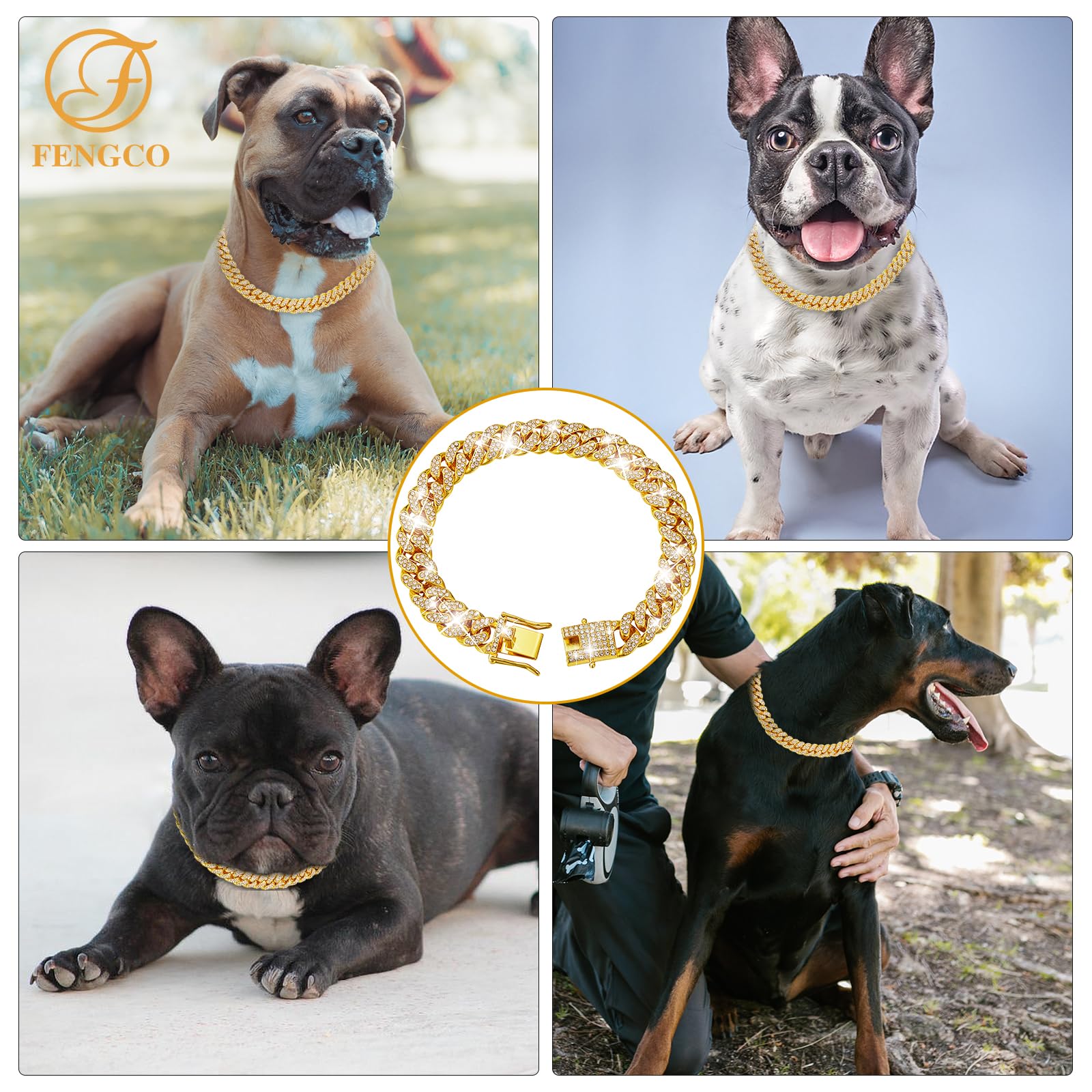 fengco gold dog chain collar color options including gold silver rose gold.